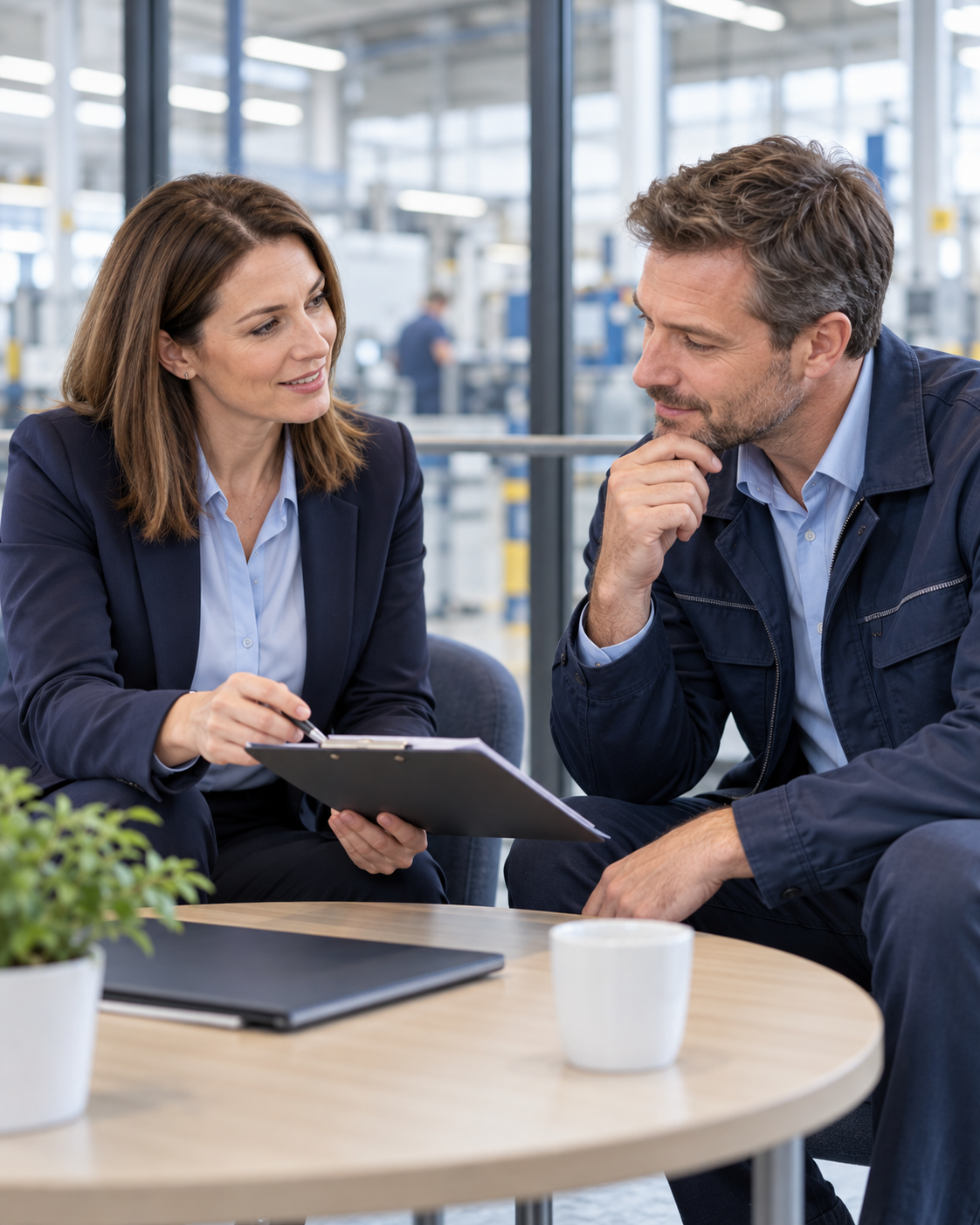 Bildillustration: Eine Personalberaterin und ein Betriebsleiter besprechen den Personalbedarf in einem Unternehmen